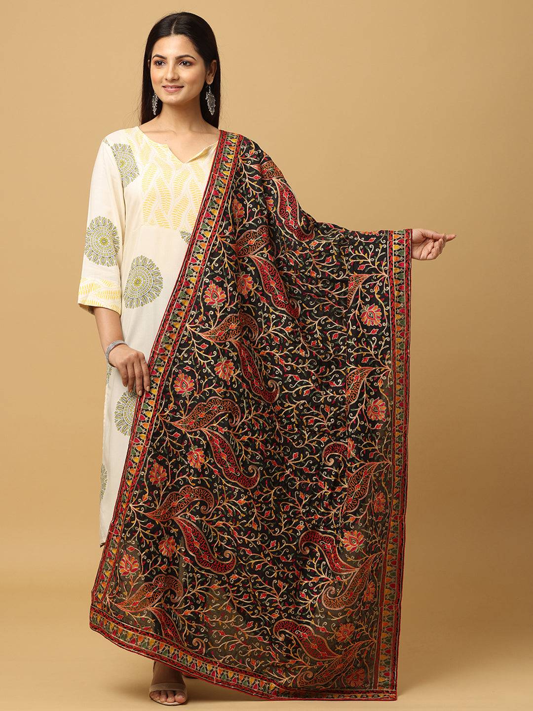Black Bright Floral Jaal Pashmina Dupatta
