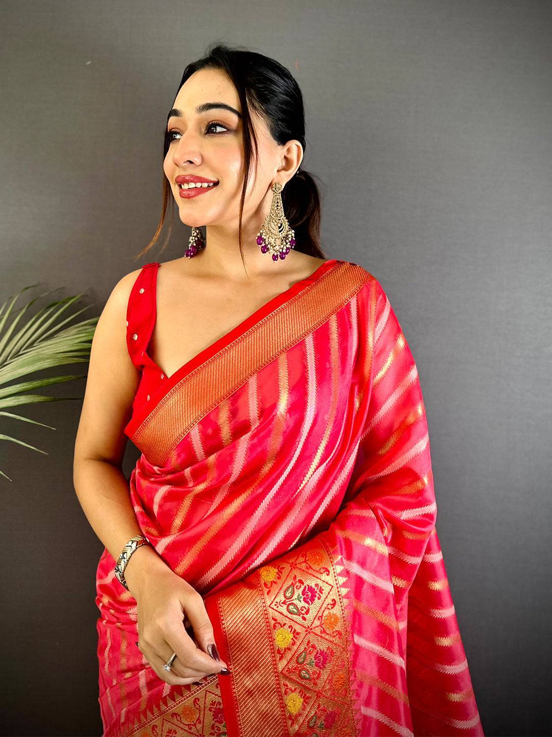 Pink Banarasi Lehriya Katan Silk Saree