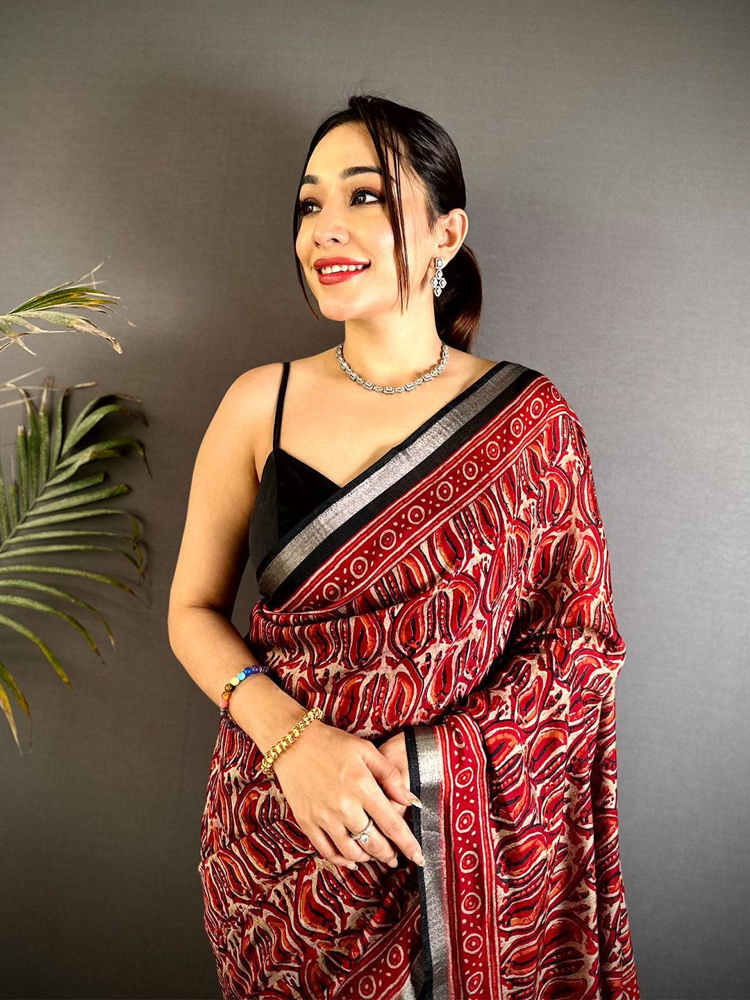 Red Ikkat Ajrakh Print Viscose Saree