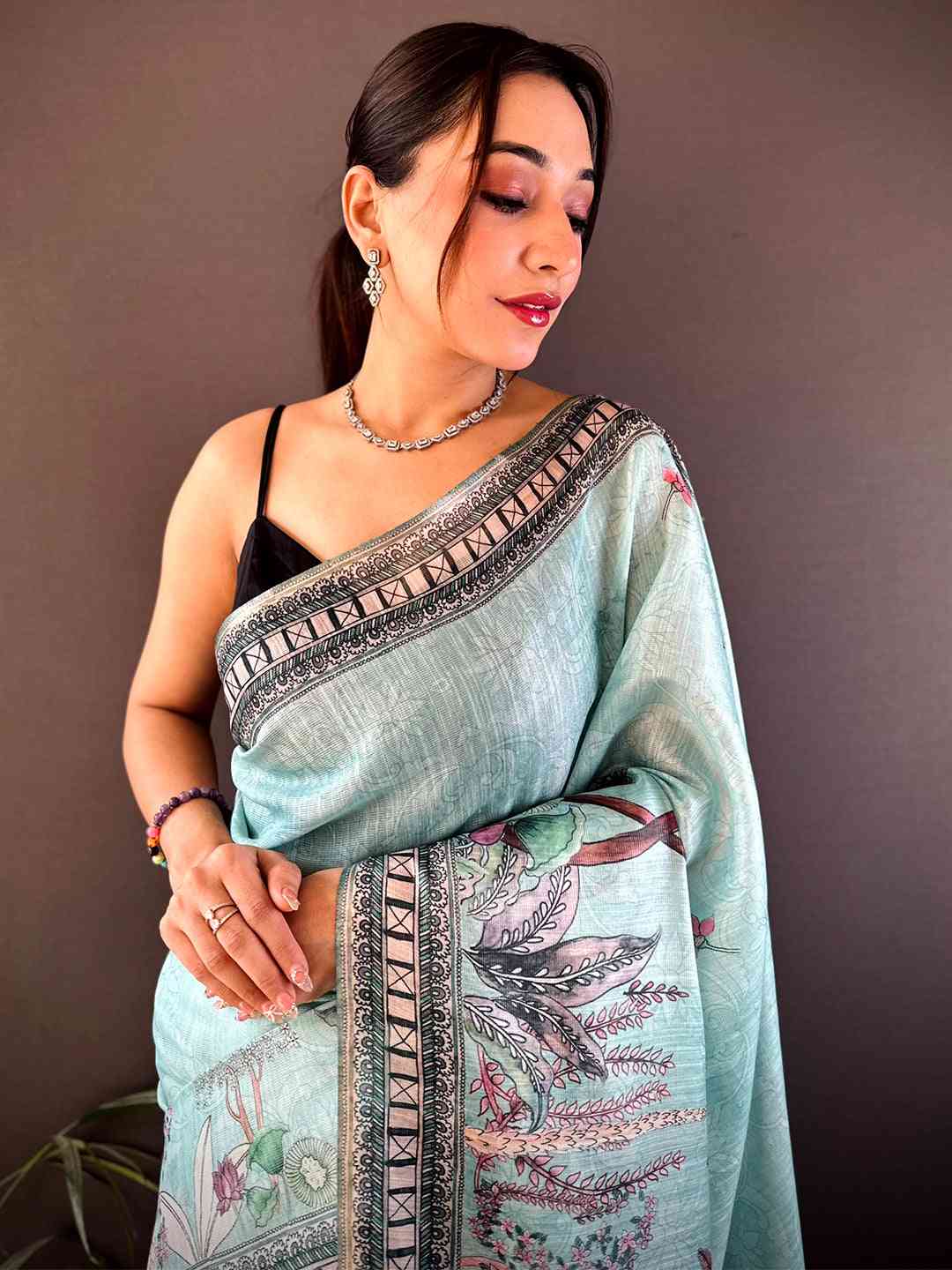 Sky Blue Tissue Floral Leaf Print Saree