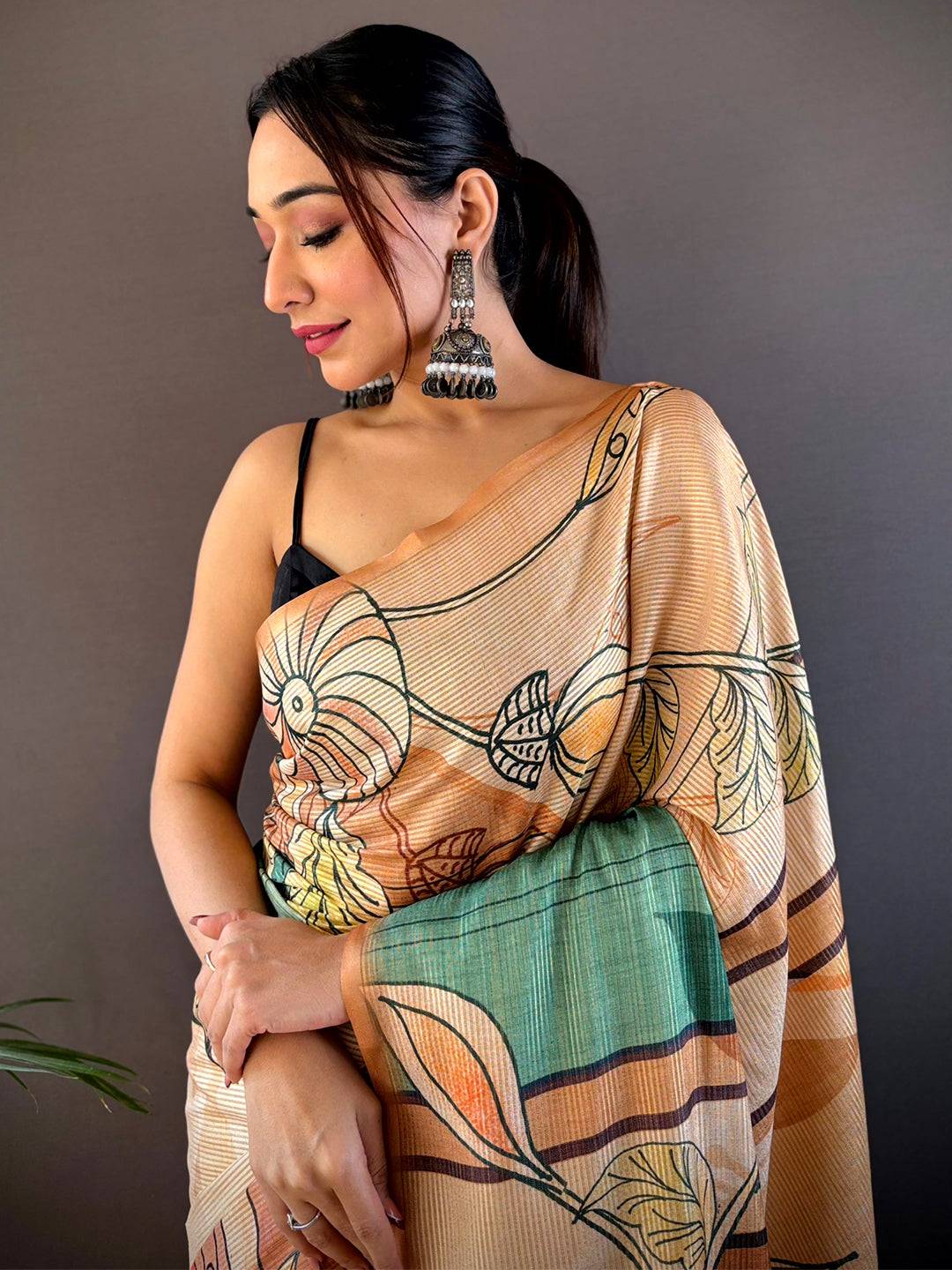 Peach Zari Tussar Printed Saree