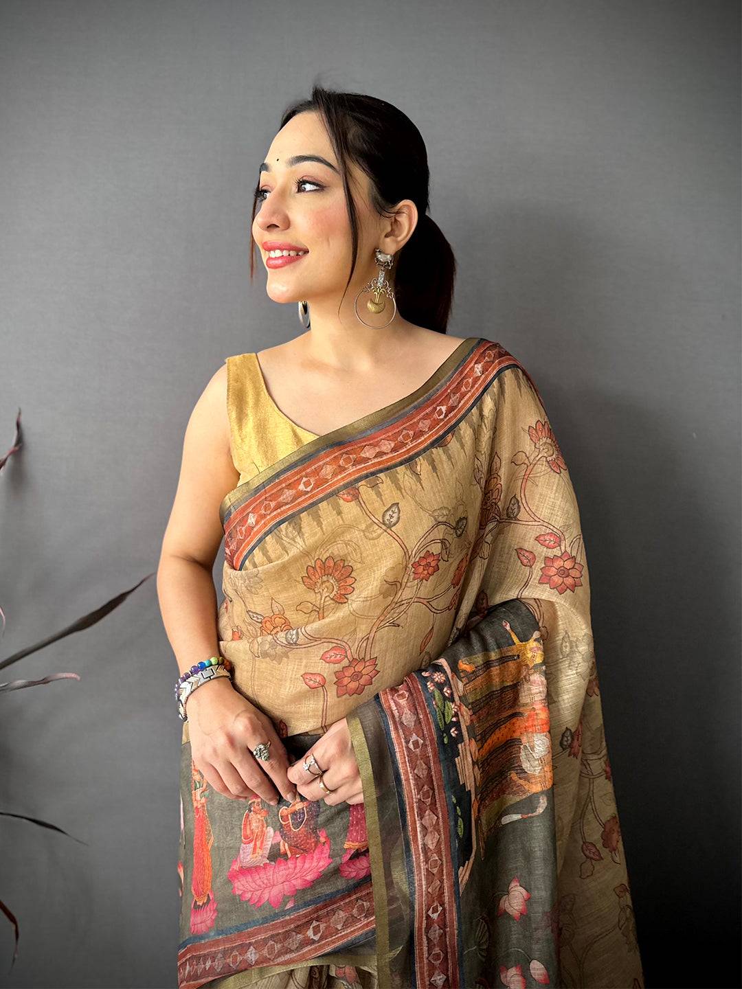Artistic Pen Kalamkari Digital Linen Saree