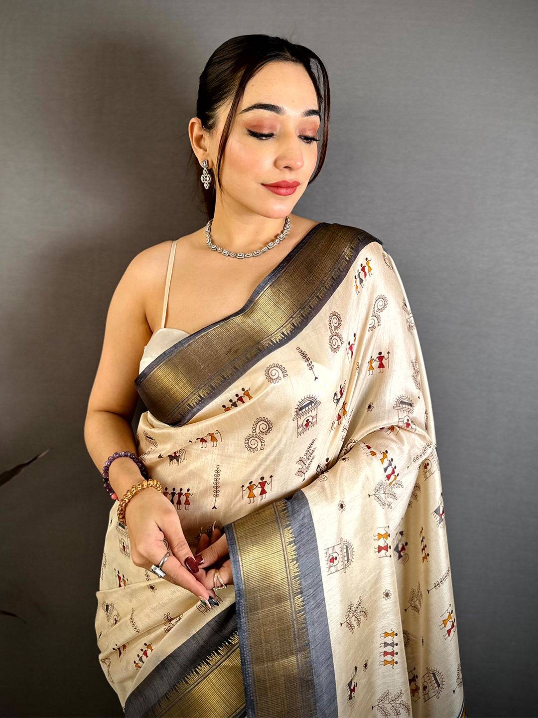 Grey Soft Dola Silk Warli Print Saree