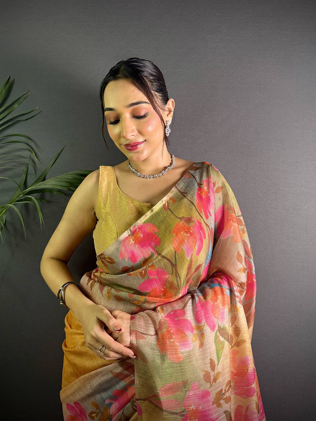 Mustard Yellow Linen Juth Digital Print Saree