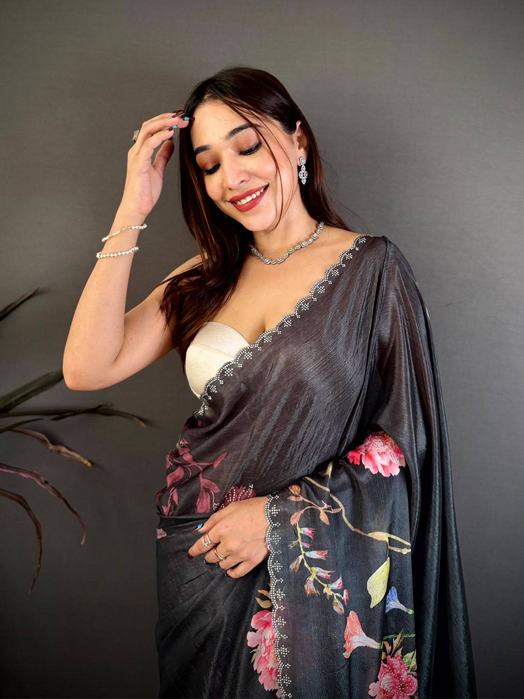 Stylish Diamond Stone Work Chinon Saree