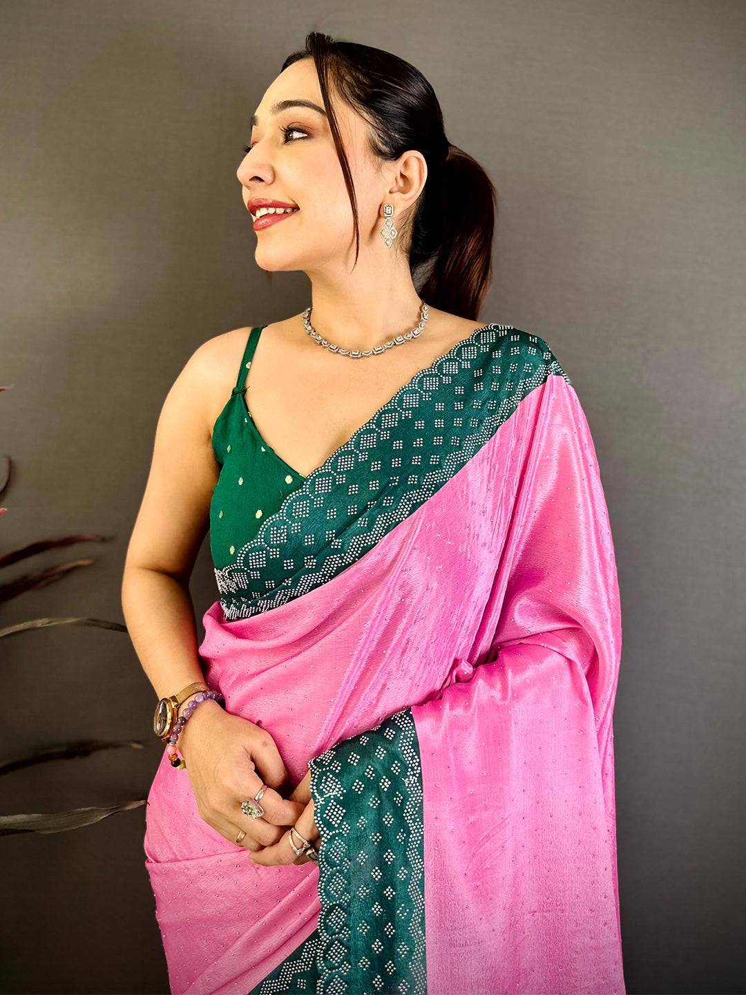 Rose Pink Poly Chiffon Diamond Stone Work Saree