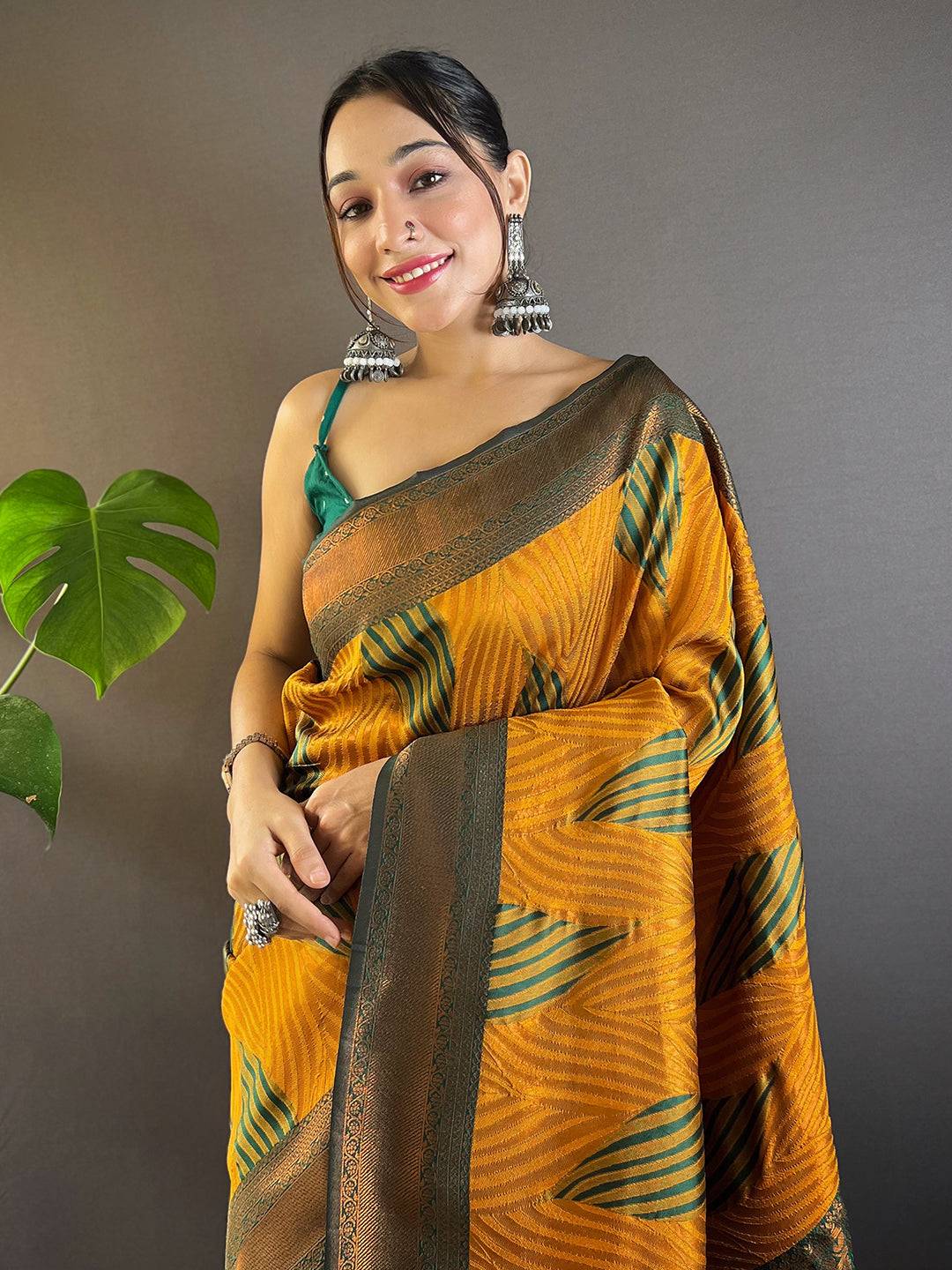 Mustard Tussar Silk Zari Weaving Ikkat Saree