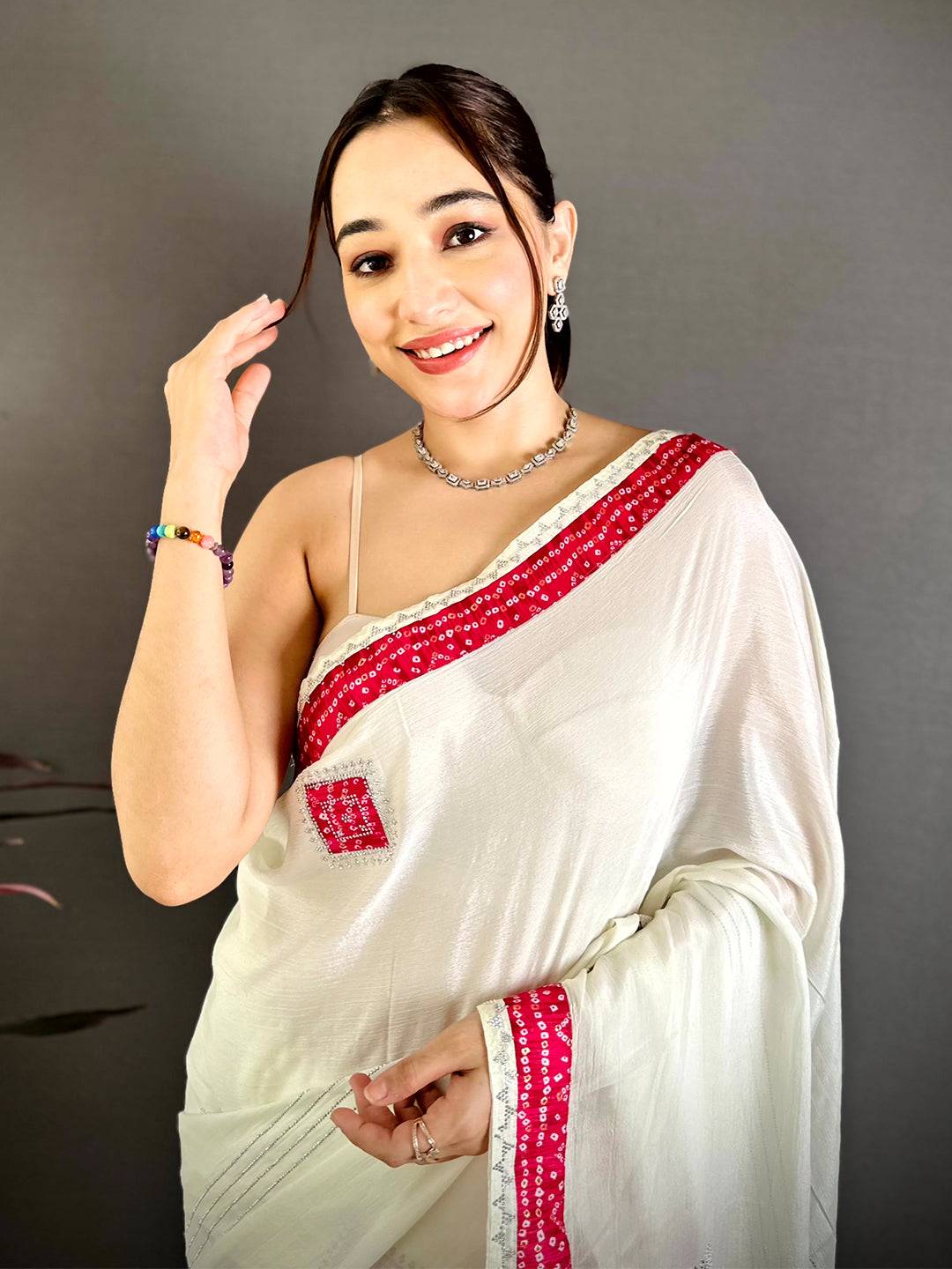 Pink Bandhej Butta Chiffon Saree