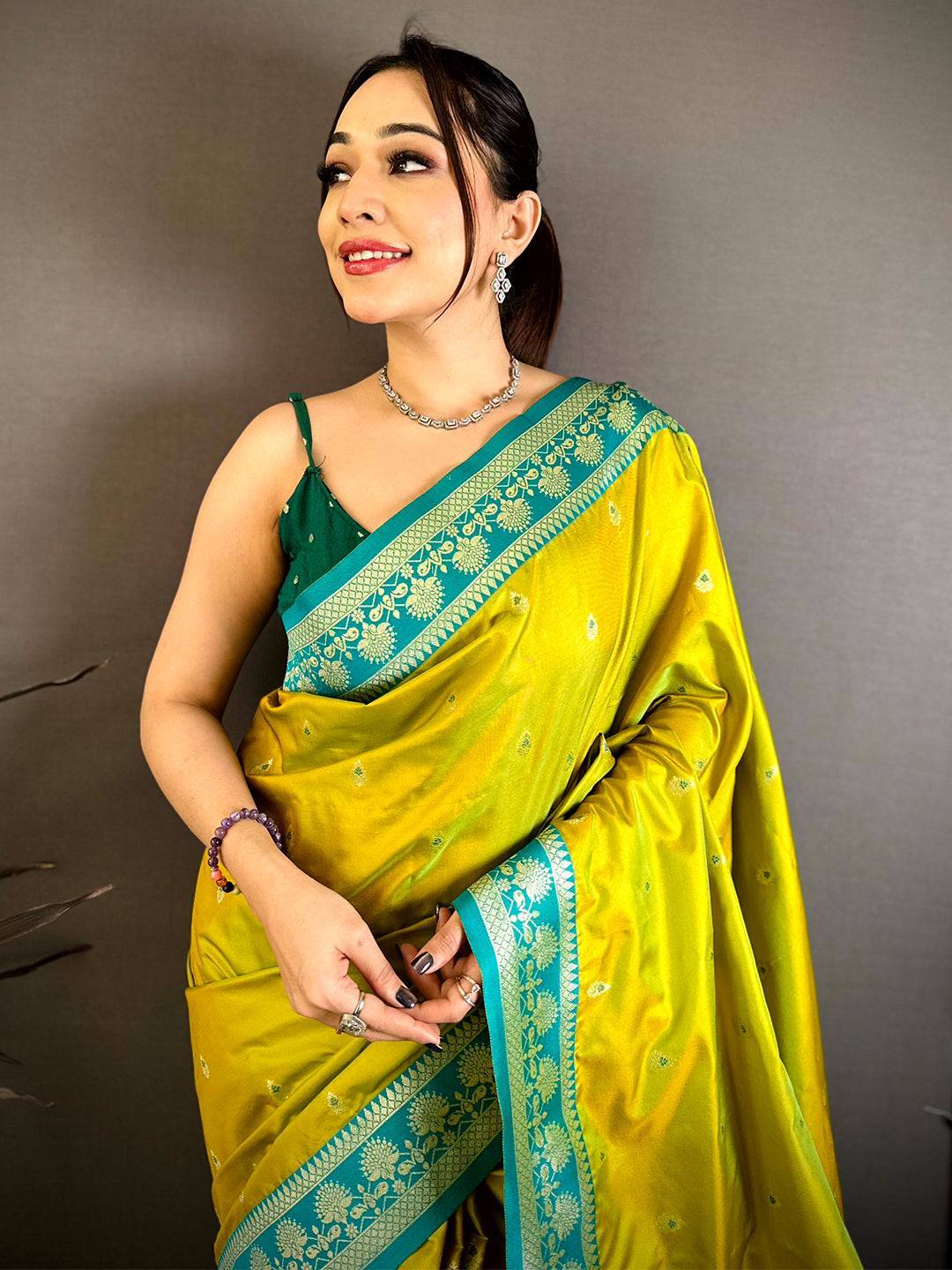 Regal Lime Yellow Gadwal Border Saree