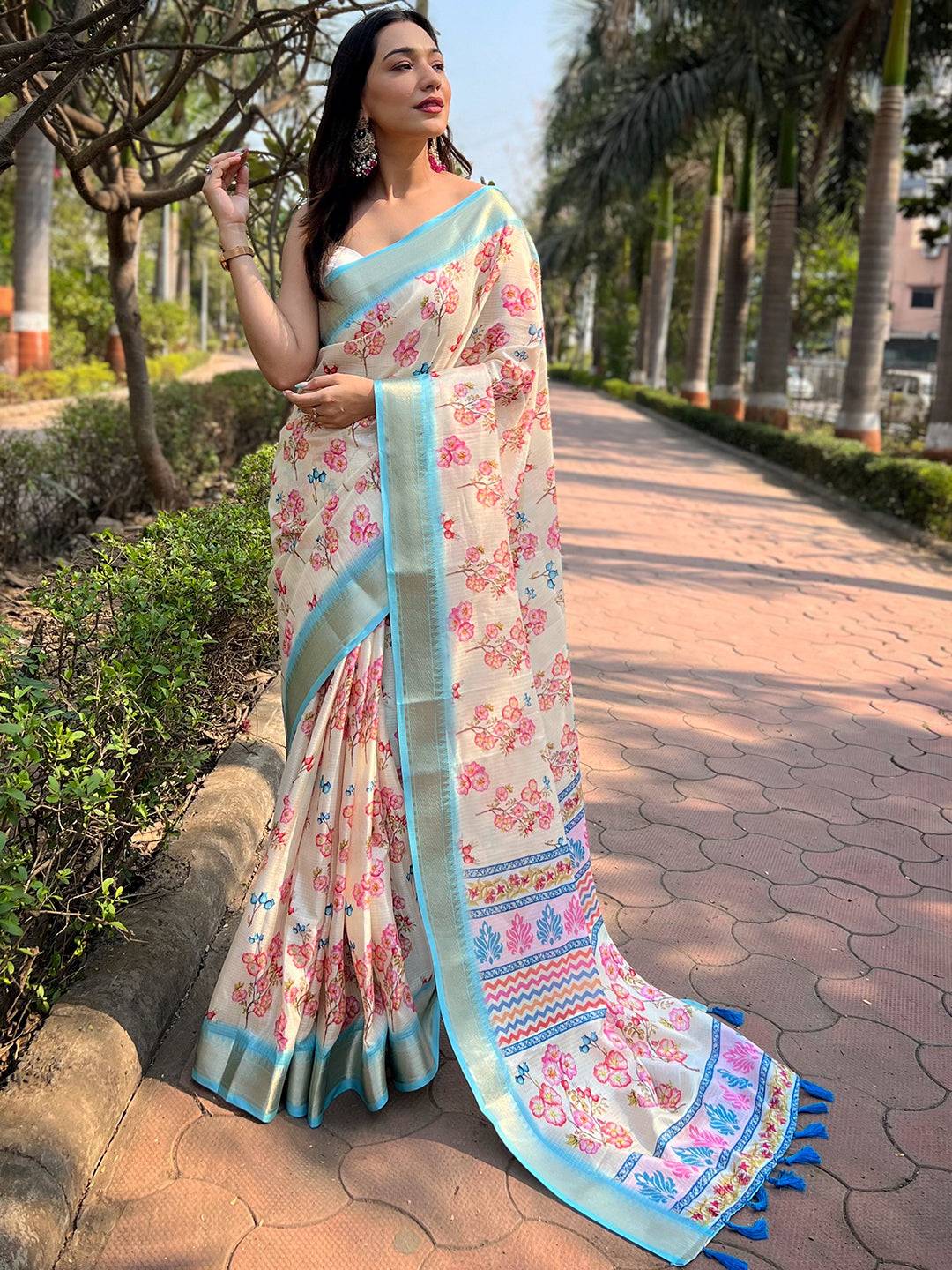 Cream Kota With Digital Floral Printed Saree