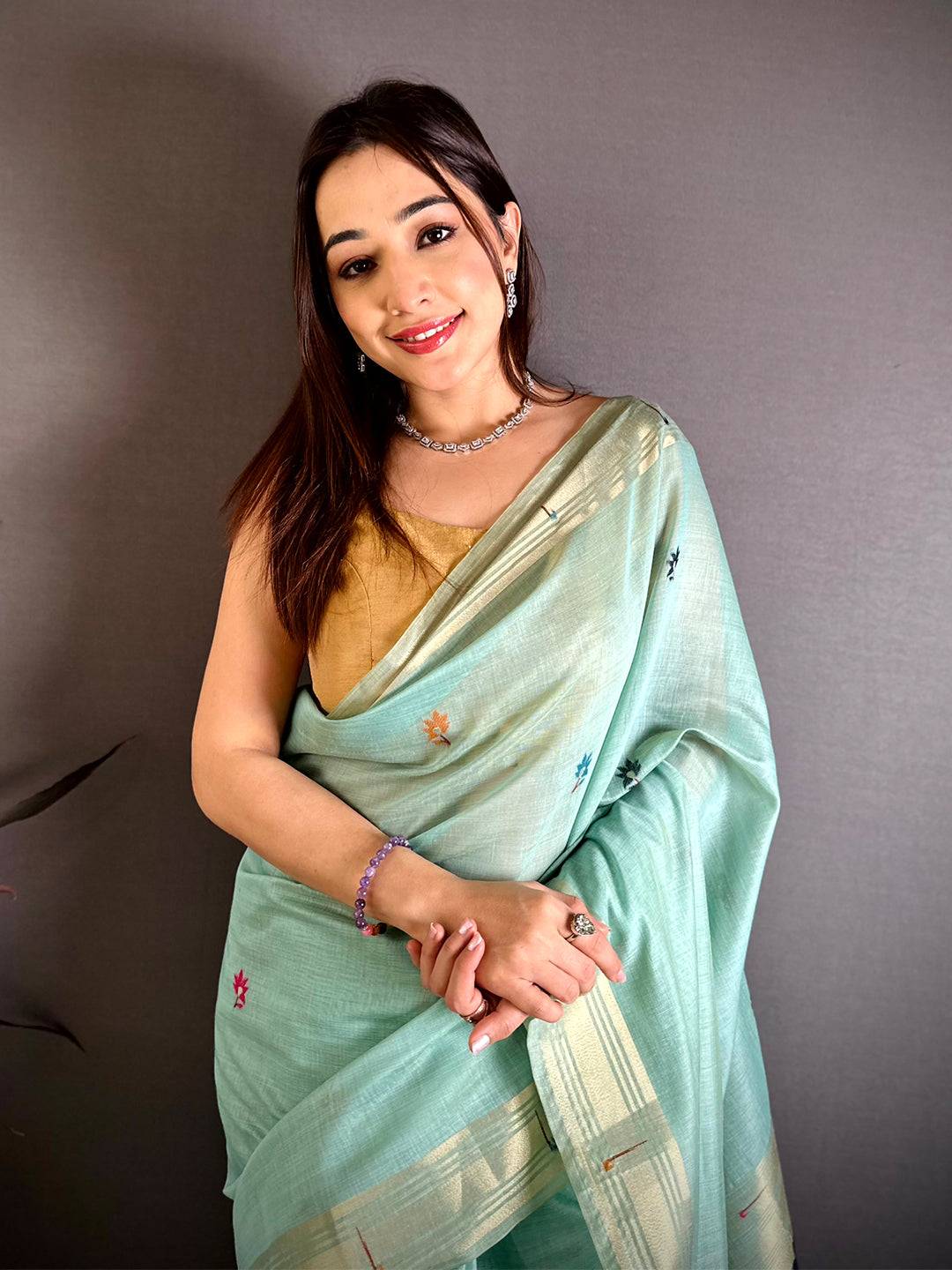 Sky Blue Munia Minakari Khadi Saree