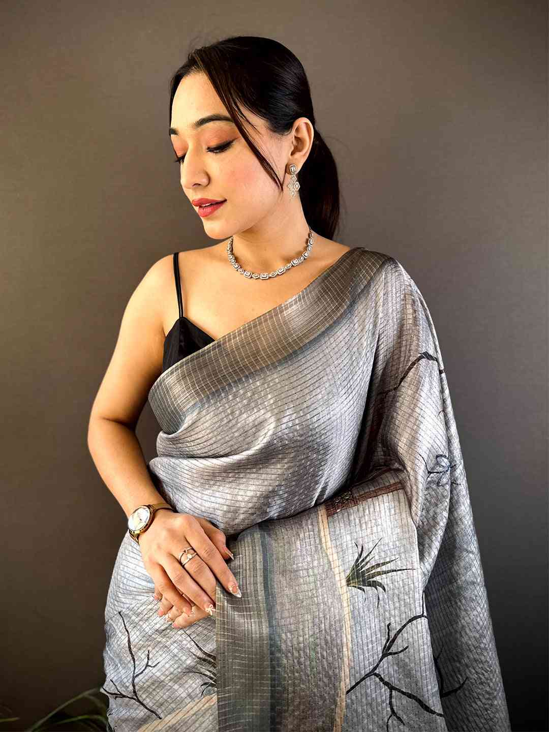 Slate Grey Tussar Chex Japanese Print Saree