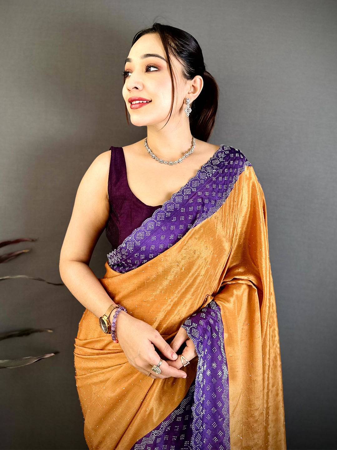 Yellow Poly Chiffon Diamond Stone Work Saree