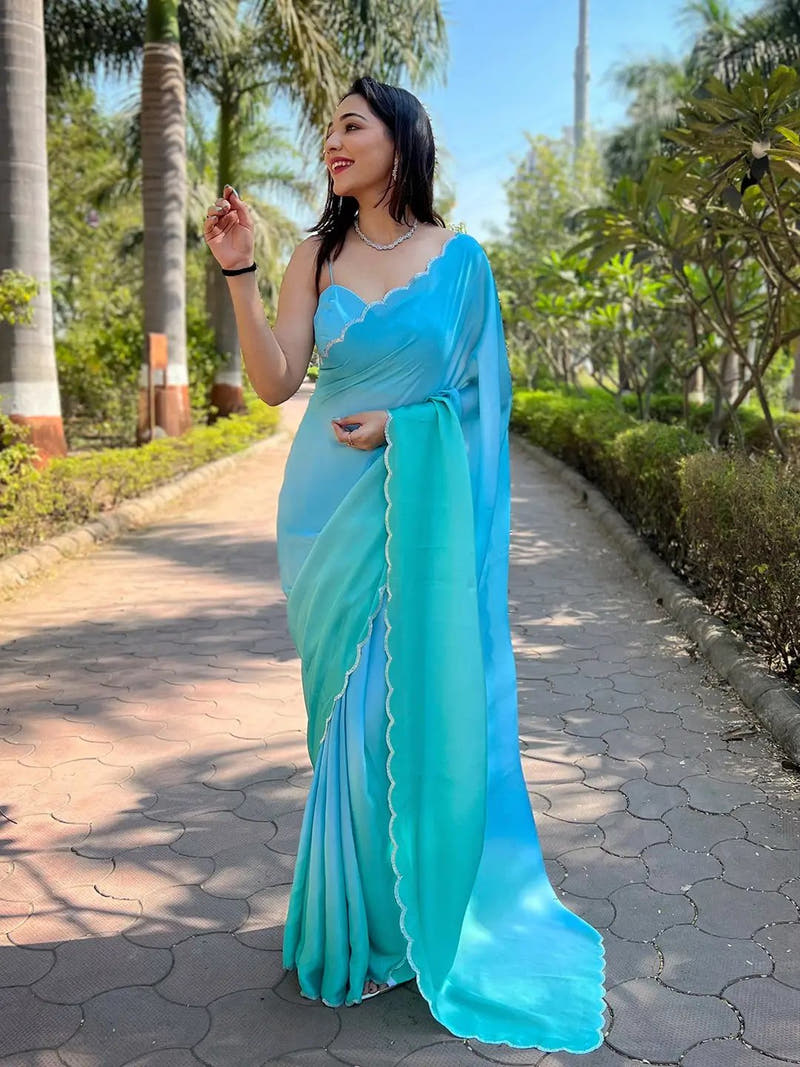 Sky Blue Satin Georgette Saree