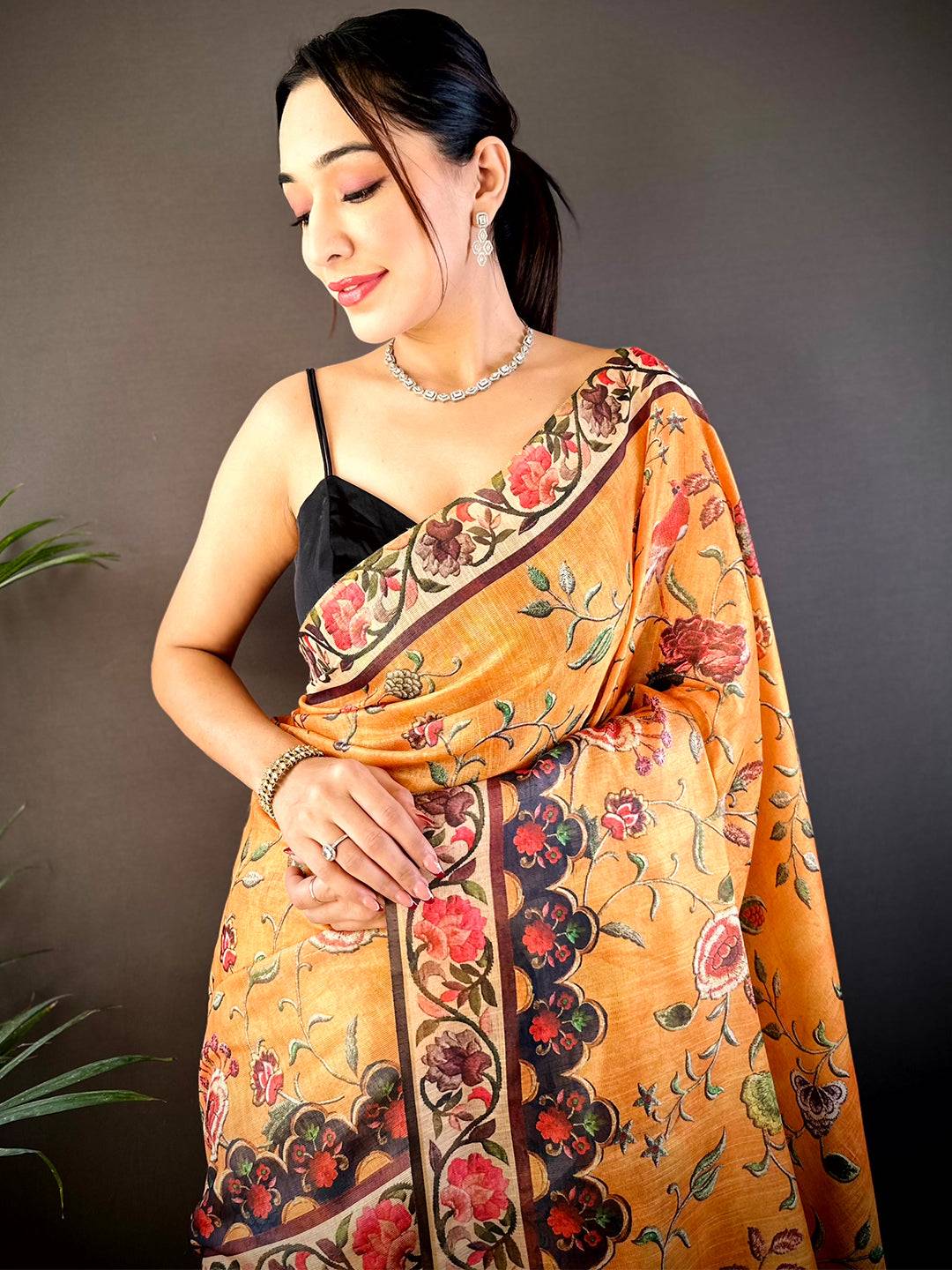 Yellow Chanderi Floral Kalamkari Digital Print Saree