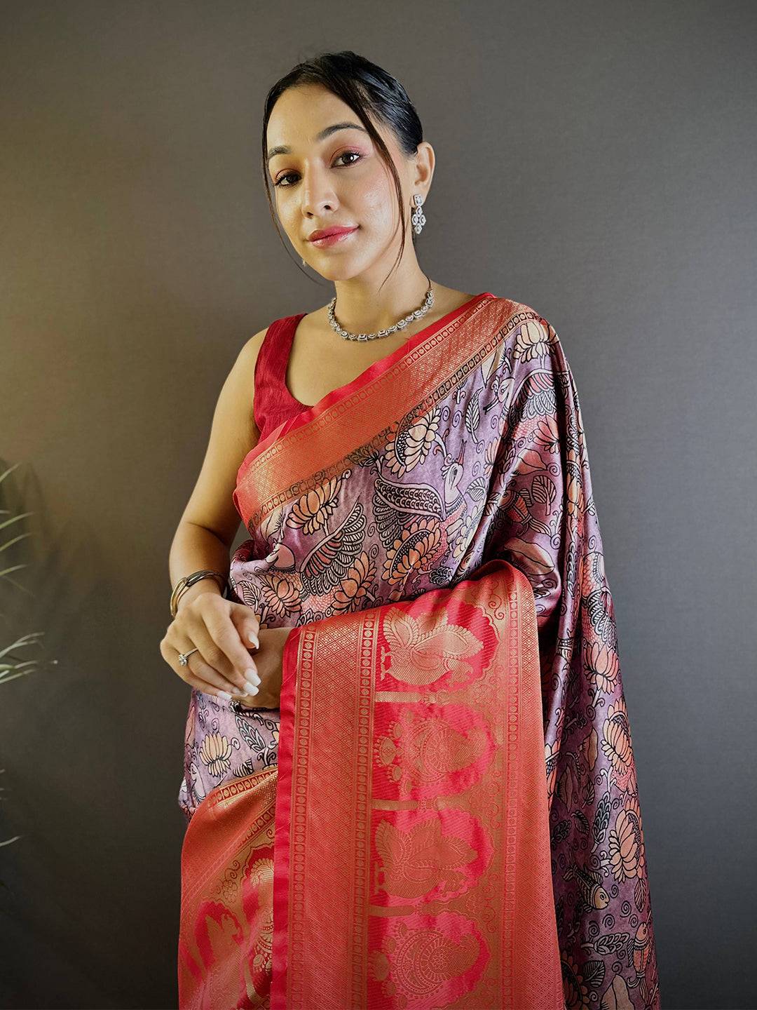 Cherry Satin Silk Kalamkari Saree
