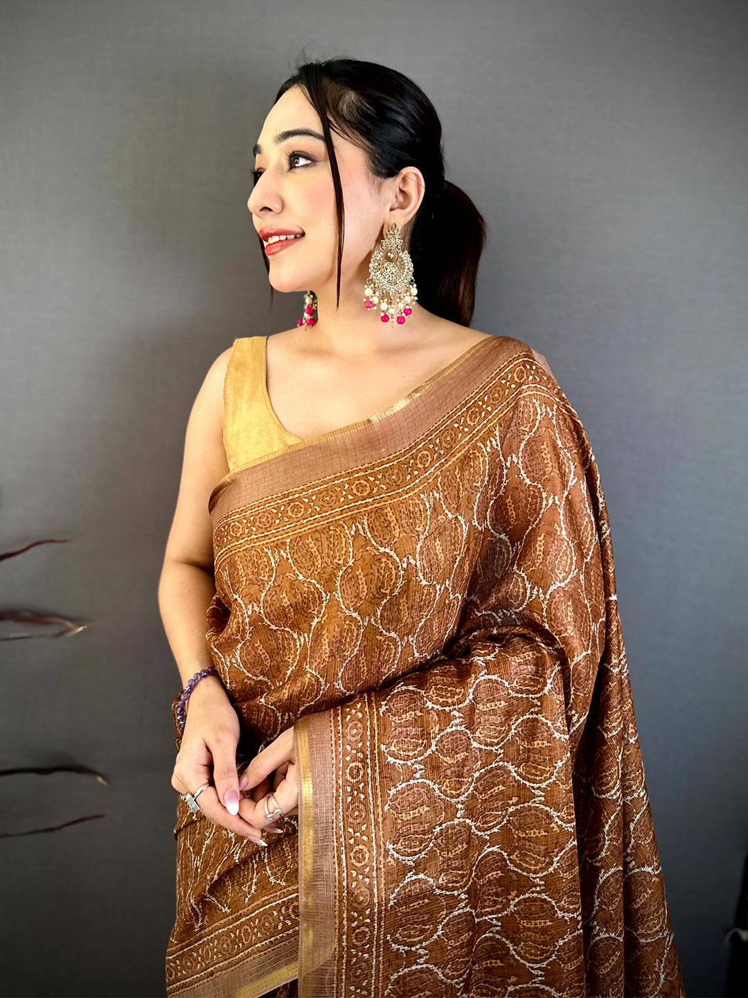 Brown Ajrakh Digital Print Kota Saree