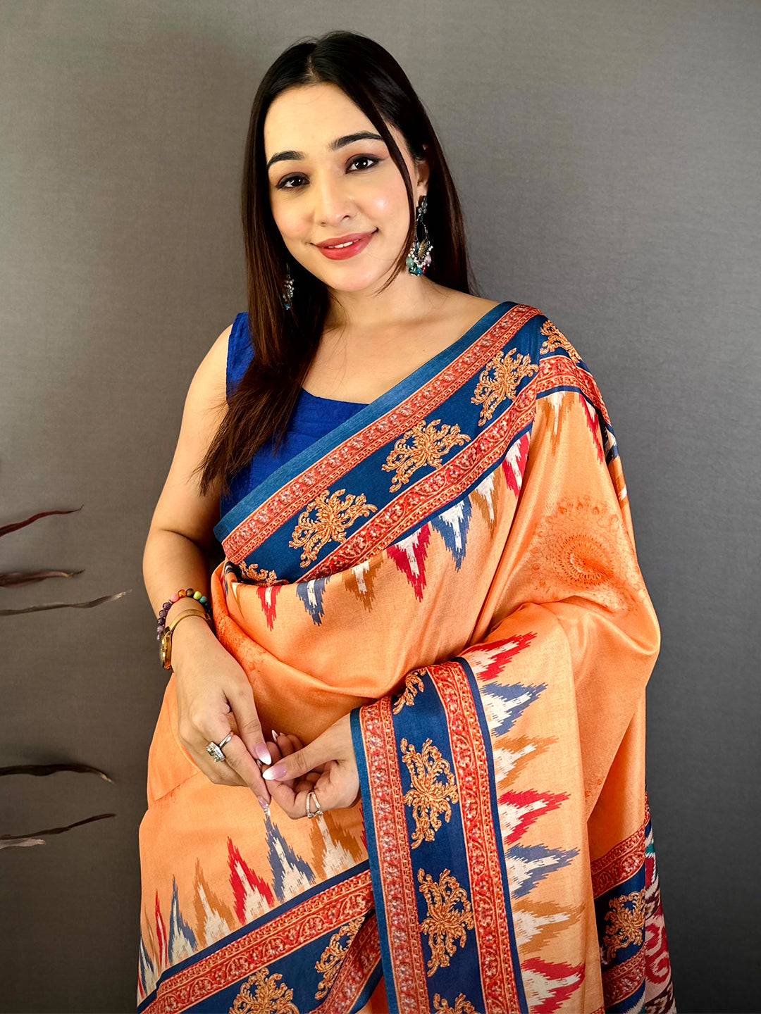 Orange Tanjore Ikkar Digital Tussar Saree