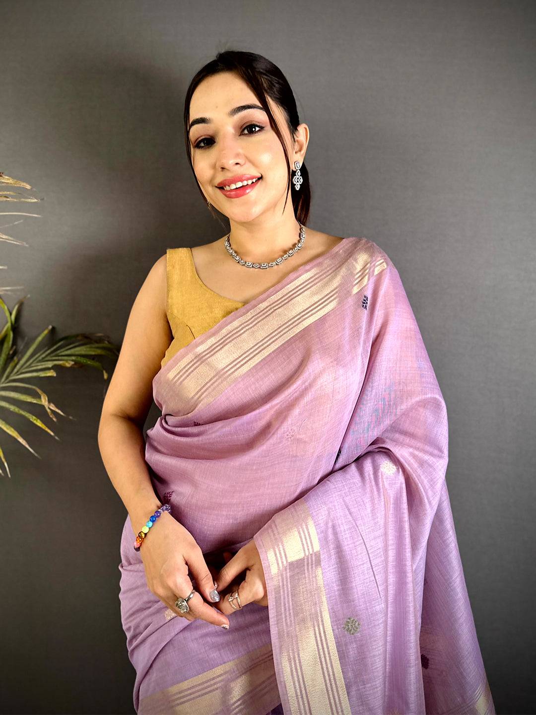 Lavender Swan Minakari Linen Saree