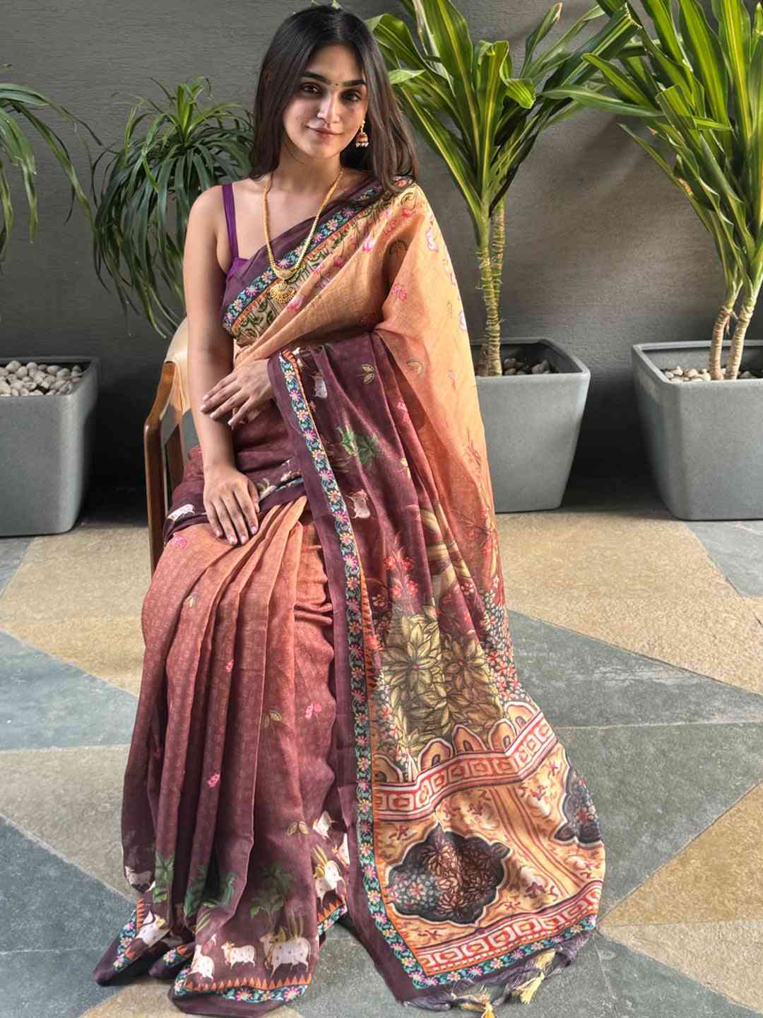 Soft Linen Ombre Pichwai Printed Wine Colour Saree