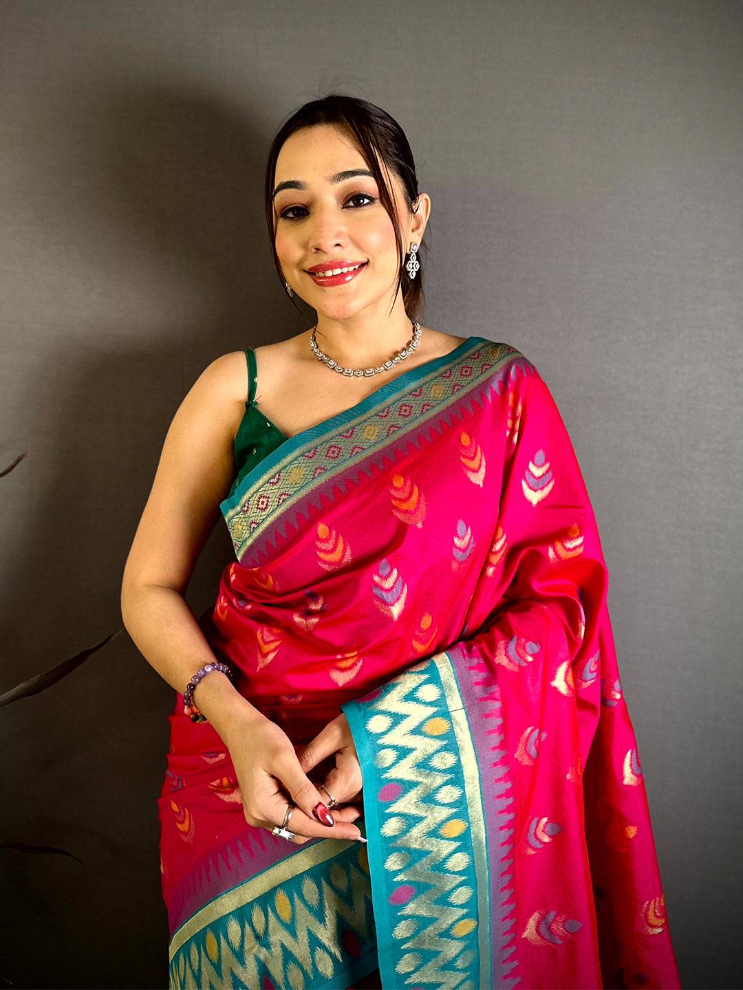Rani Ikkat Minakari Soft Silk Saree