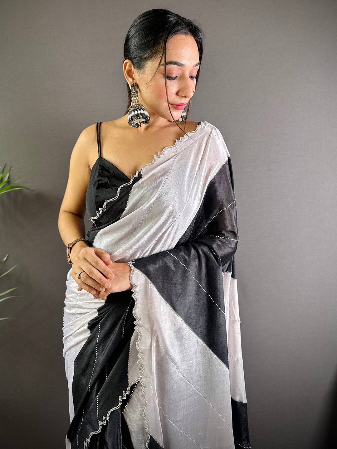Black And White Poly Chiffon Stone Work Saree