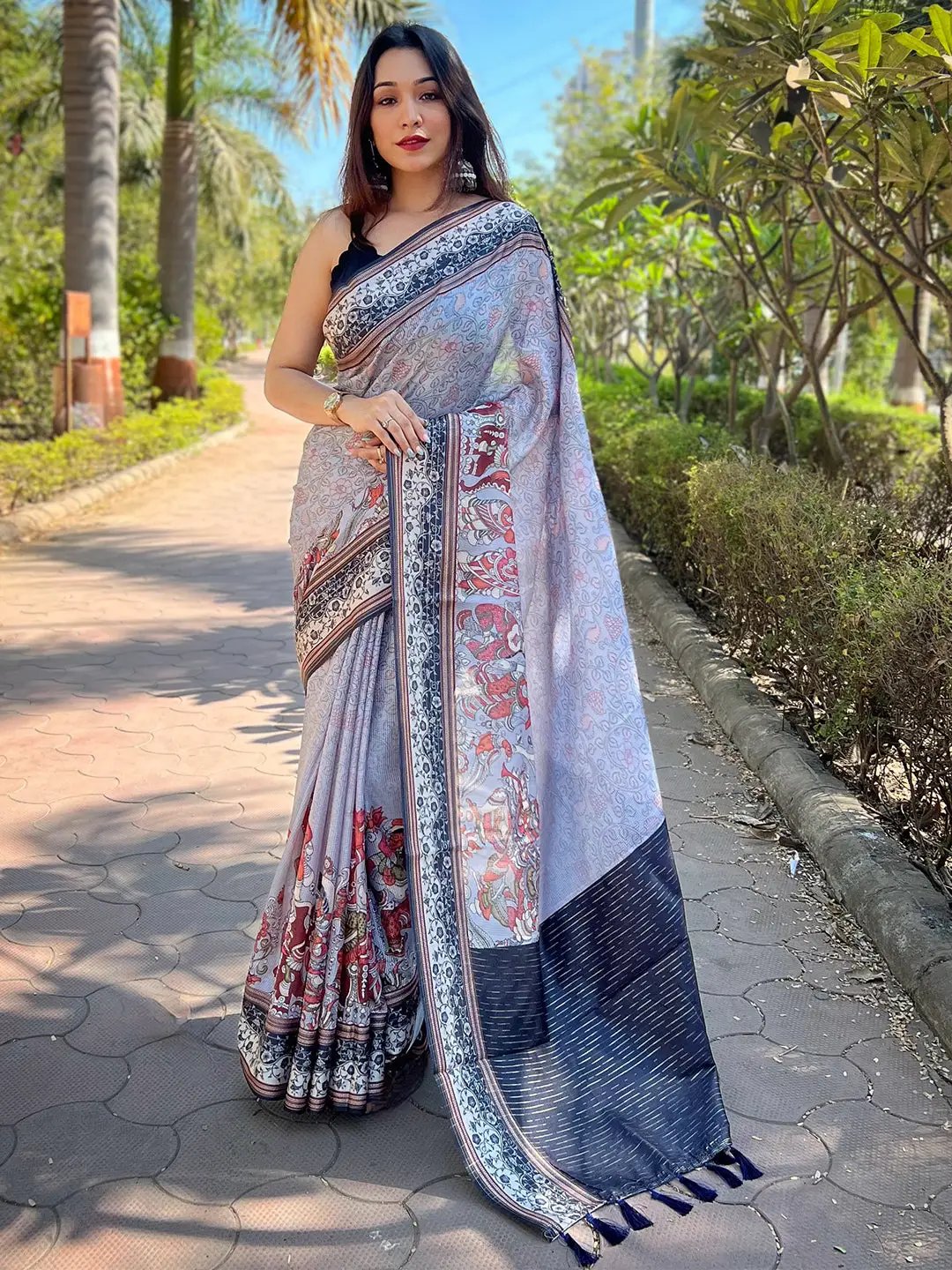 Satin Kota Doria Saree With Kalamkari Digital Print In Lavender Colour