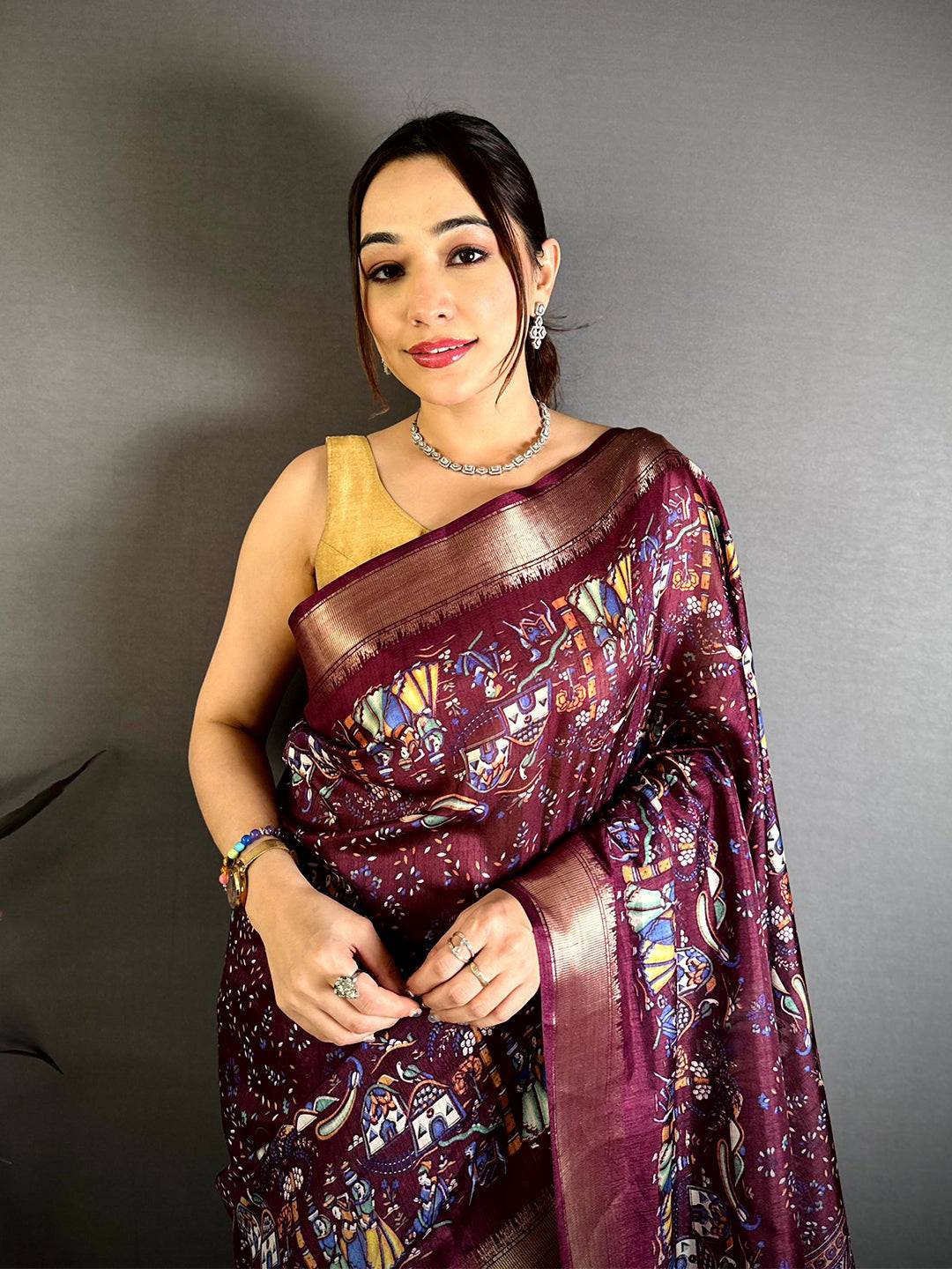 Brown Pen Kalamkari Soft Dola Zari Saree