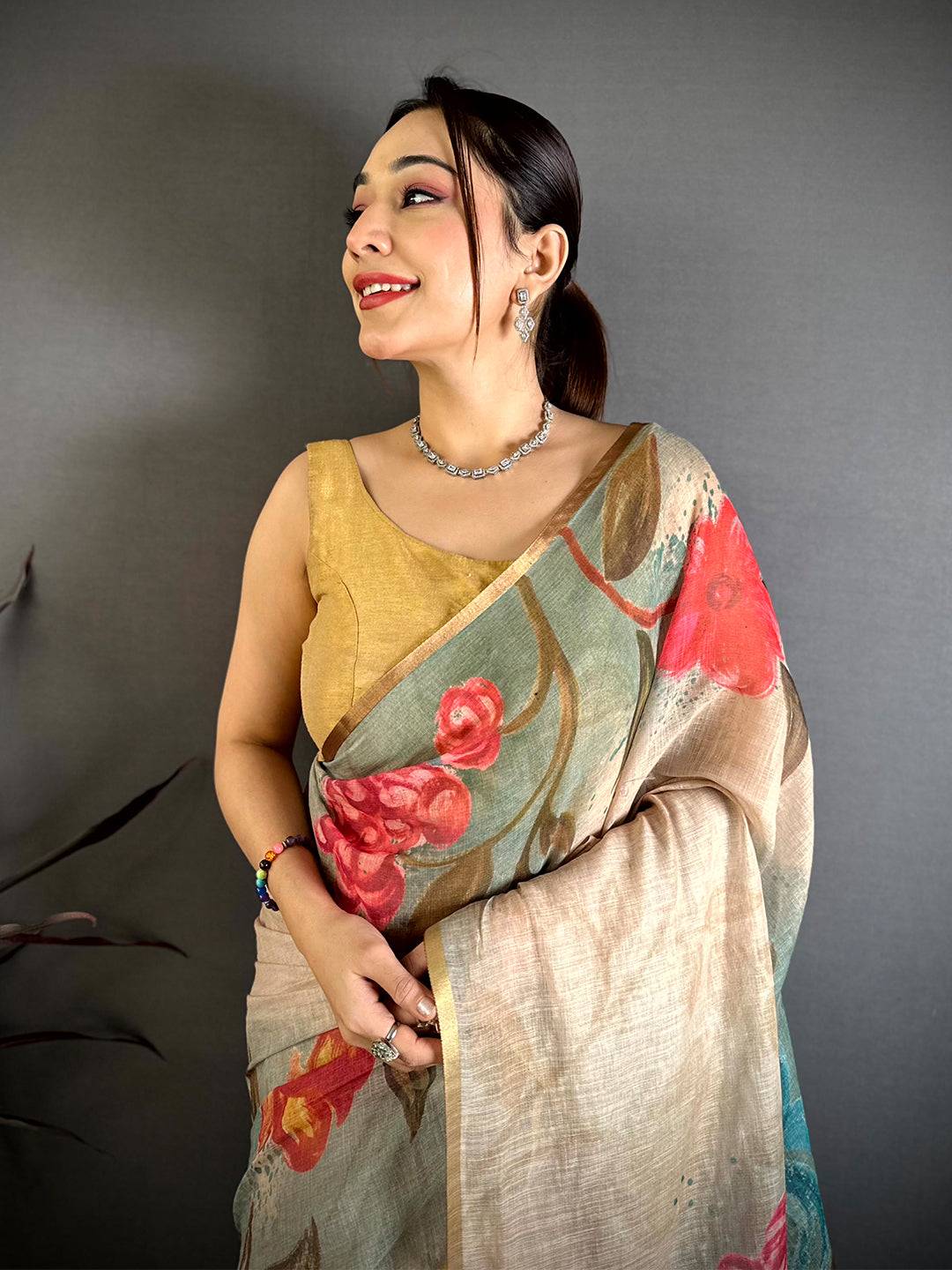 Sea Green Gold Zari Linen Chanderi Saree
