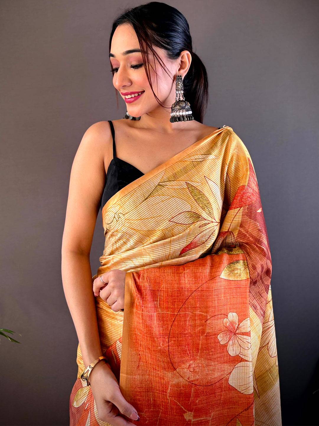 Golden Yellow Semi Zari Tussar Floral Saree