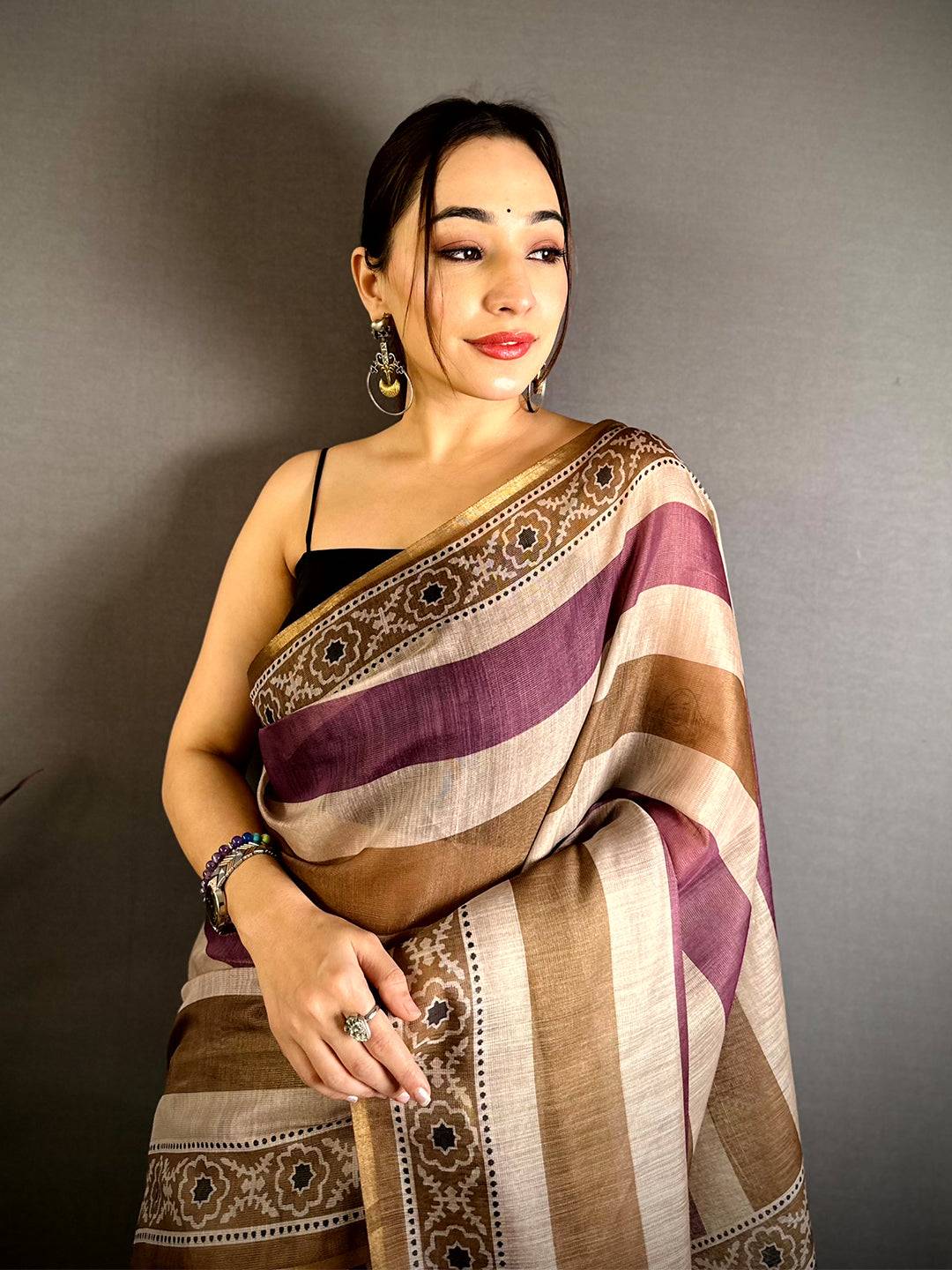 Heritage Stripe Linen Chanderi Saree