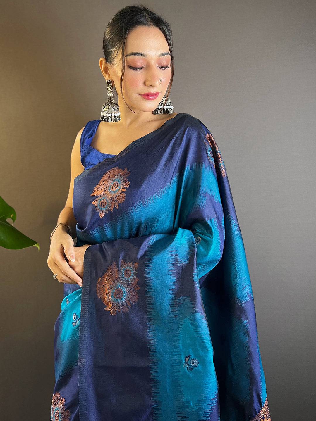Dark Blue Tussar Silk Ikkat Weaving Saree