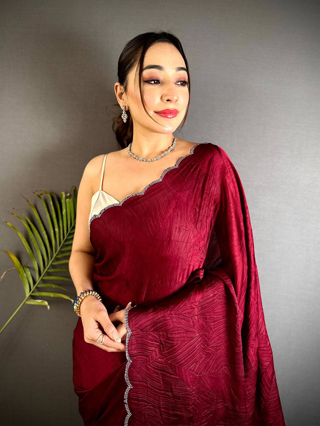 Red Stone Work Silk Crush Saree