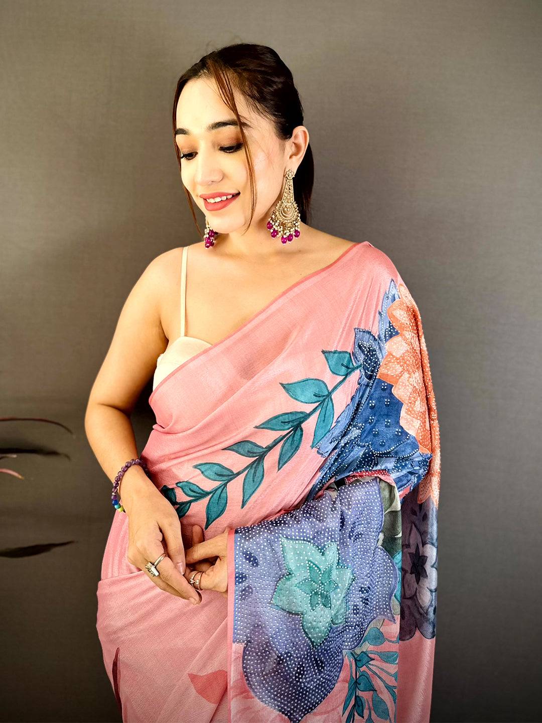 Pink Soft Chiffon Floral Stone Work Saree
