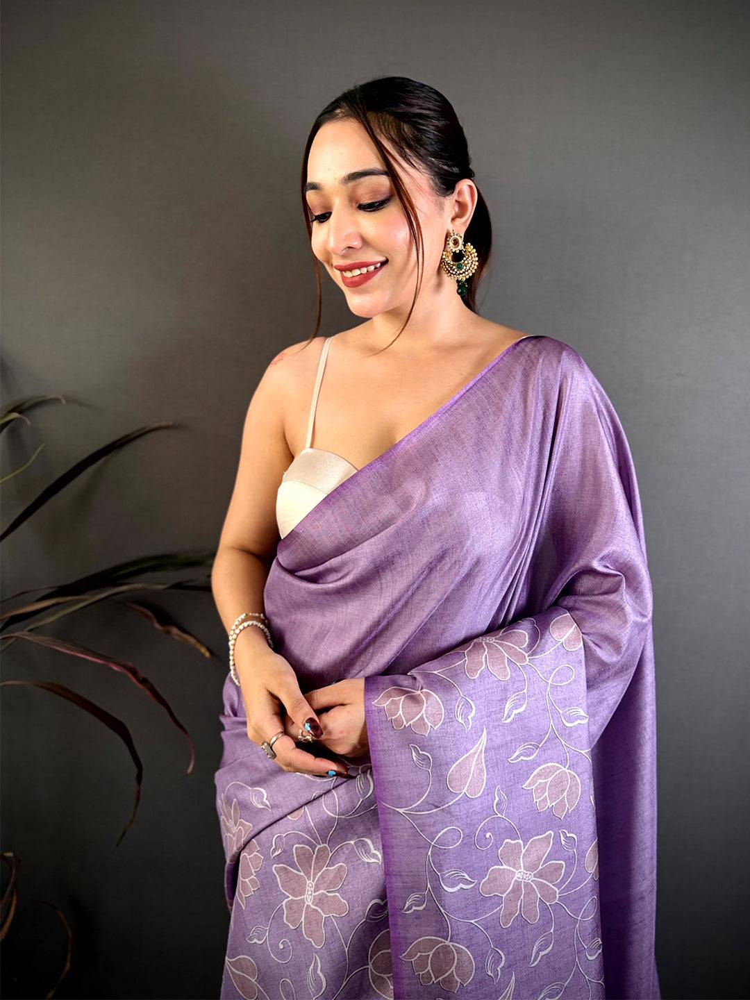 Lavender Floral Print Soft Tussar Saree