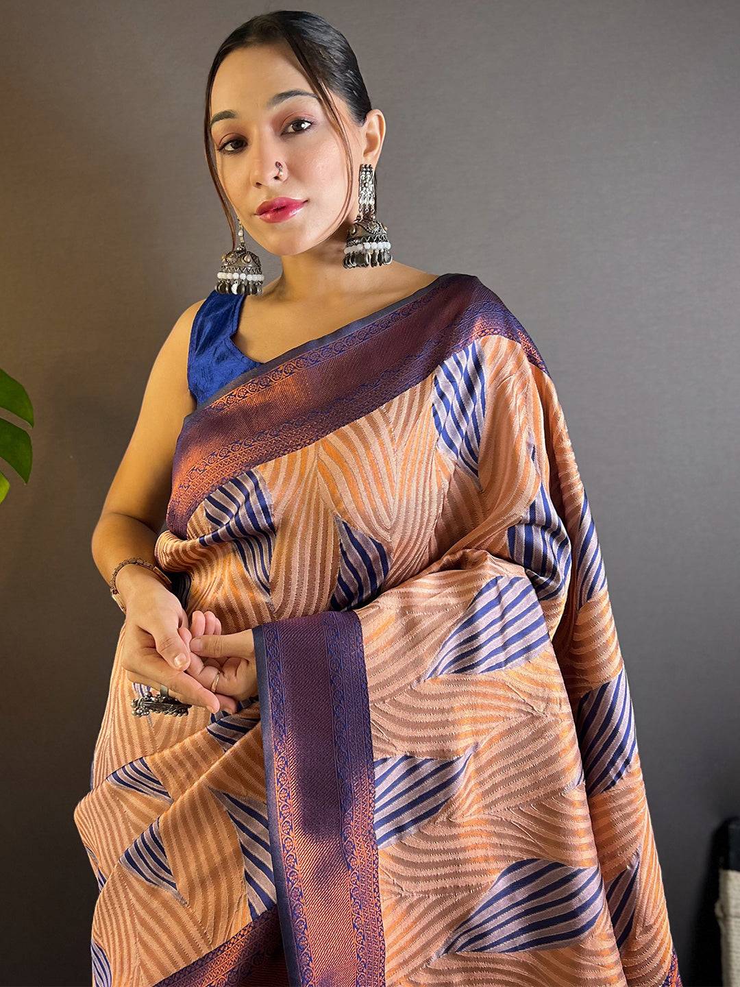 Peach Tussar Silk Zari Weaving Ikkat Saree