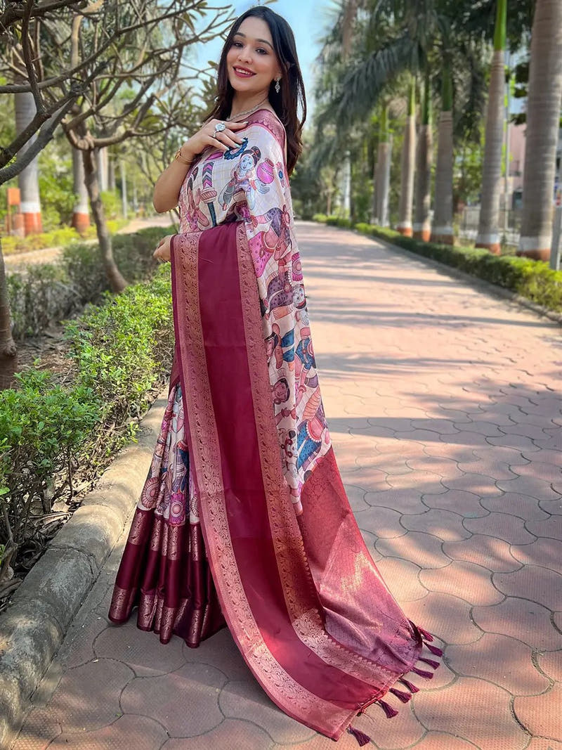 Off White Colour Double Border Chex Weaving Banarasi Soft Silk Saree
