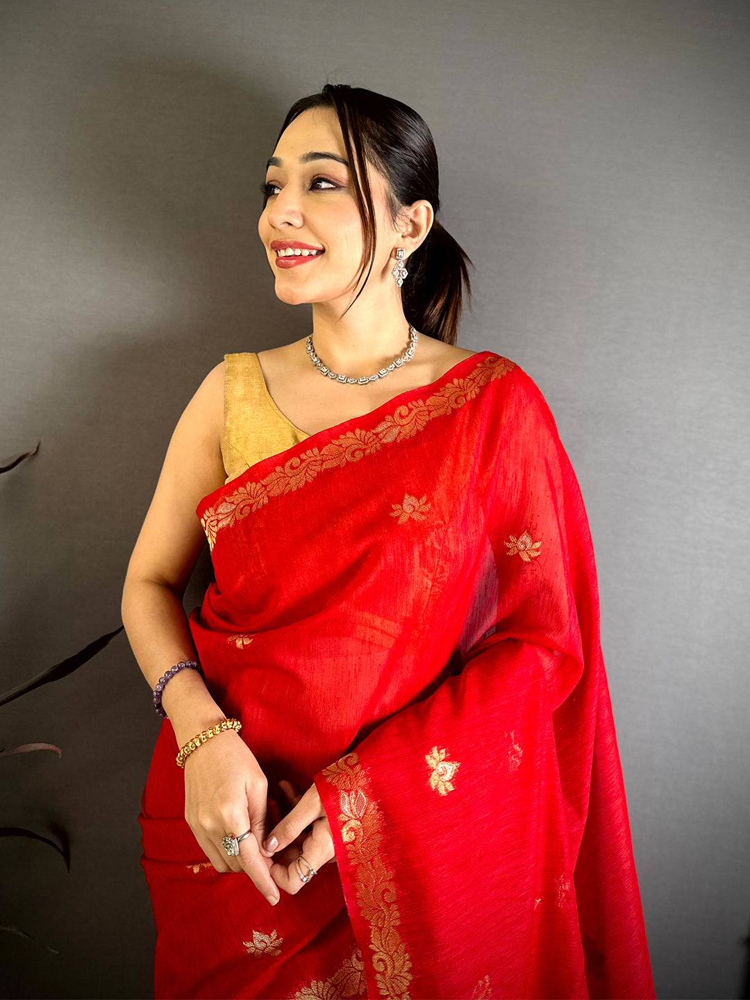 Red Sona Chandi Muga Cotton Saree