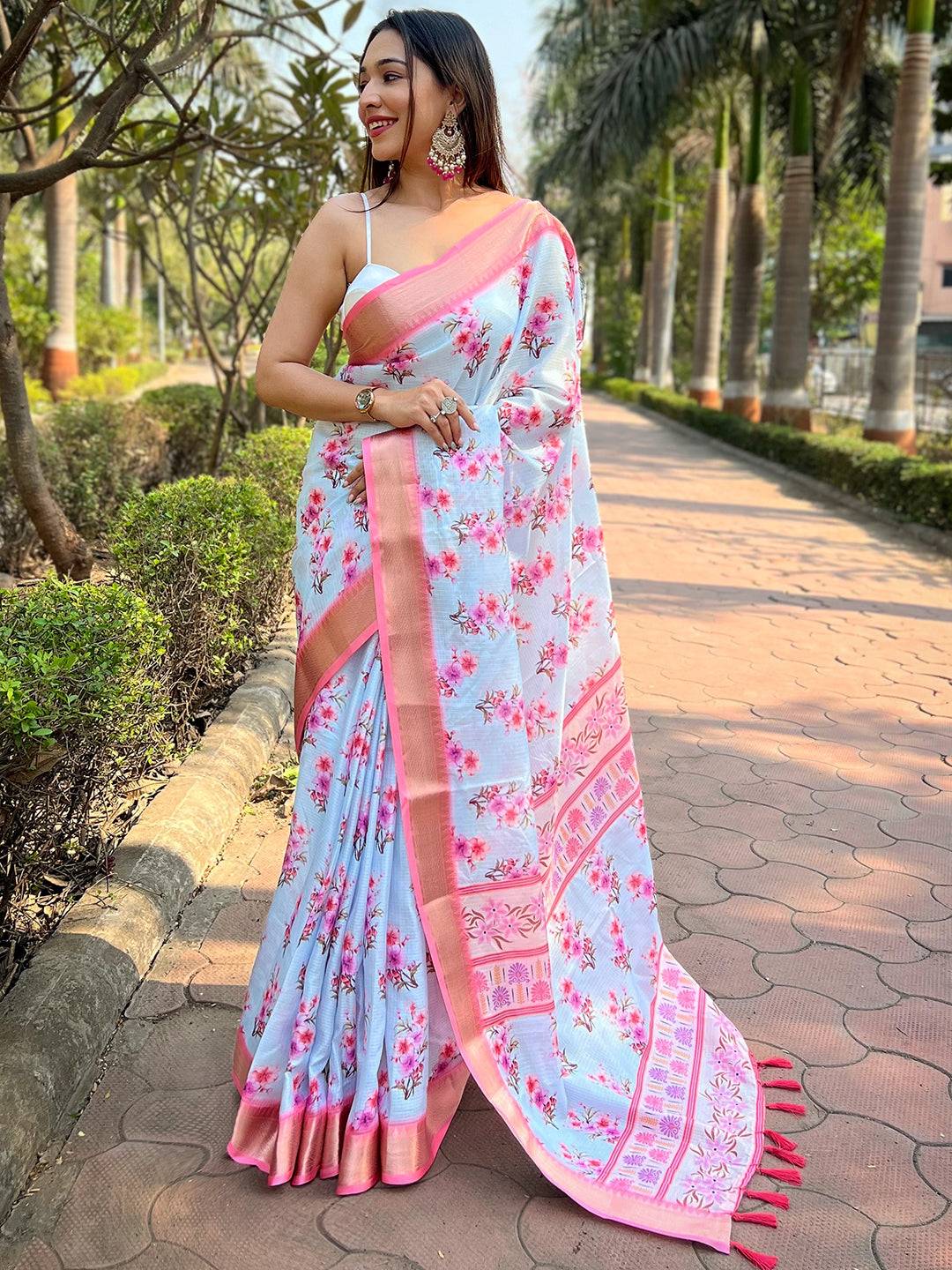 Light Blue Kota With Digital Floral Printed Saree