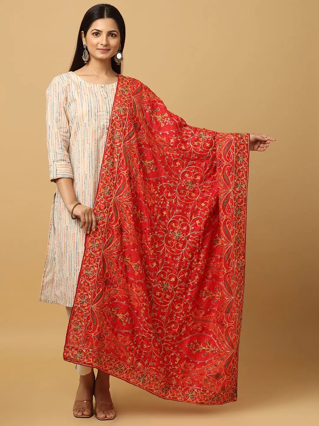 Bright Red Orange Dense Floral Pashmina Dupatta
