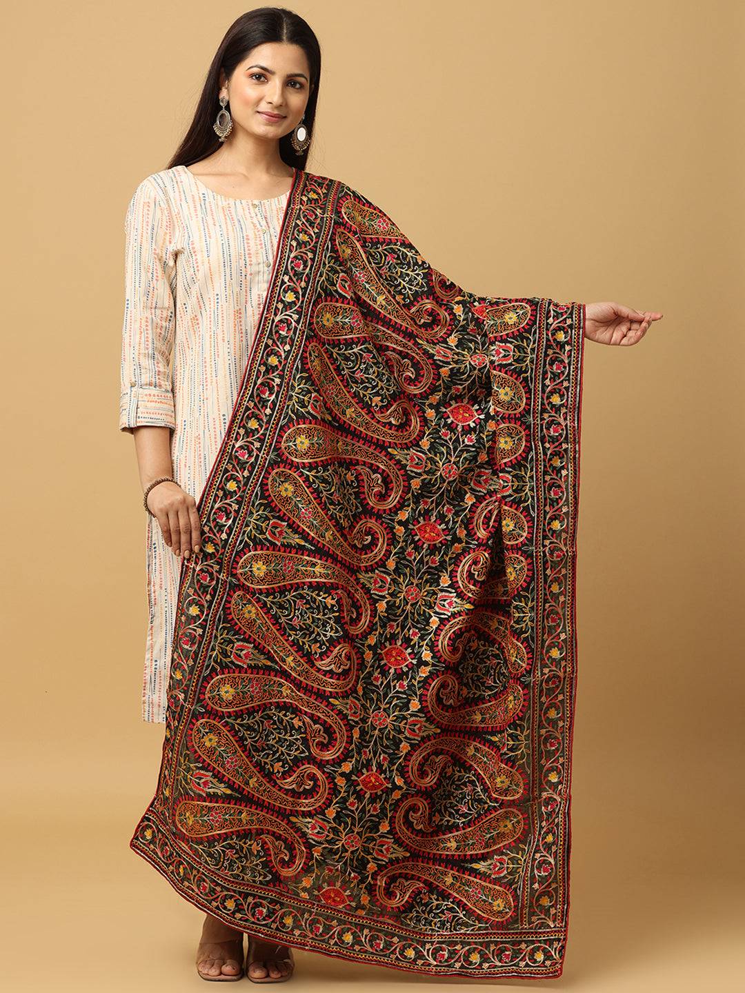 Black Ornate Rust Paisley Pashmina Dupatta