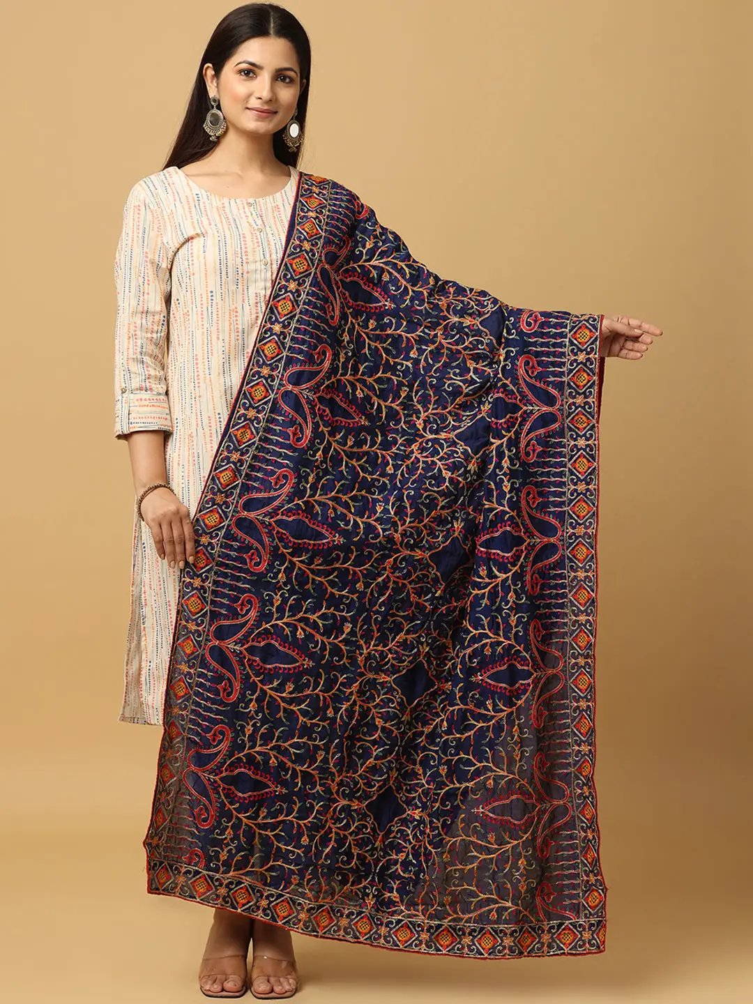 Navy Bright Multicolour Bloom Pashmina Dupatta