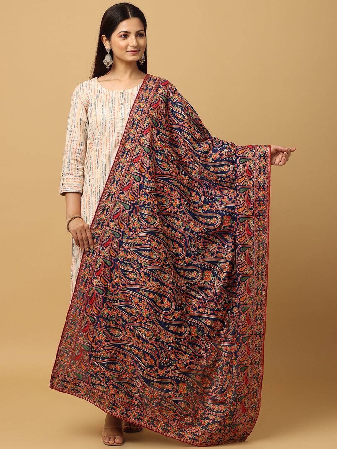 Navy Fine Paisley Jaal Pashmina Dupatta