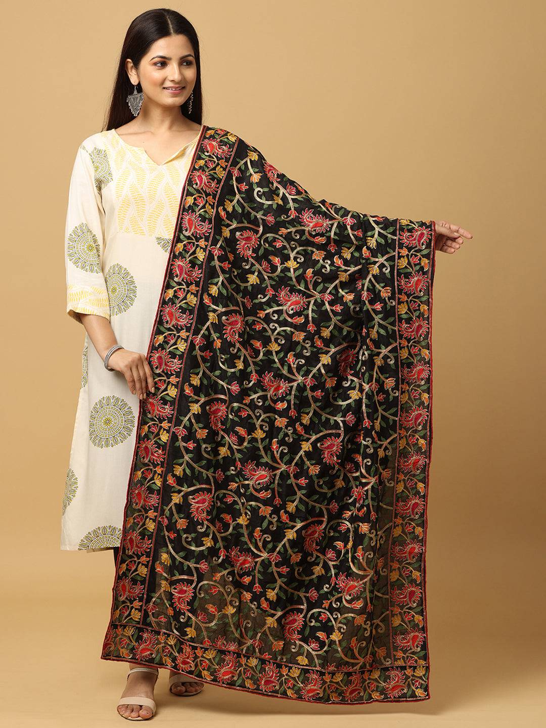 Black Delicate Floral Vine Pashmina Dupatta