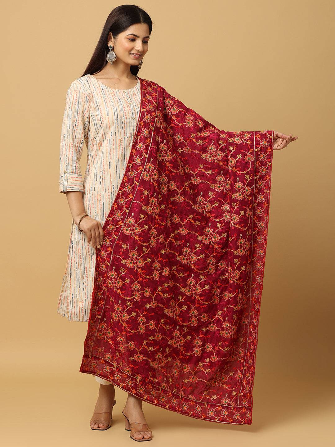 Wine Deep Floral Spray Pashmina Dupatta