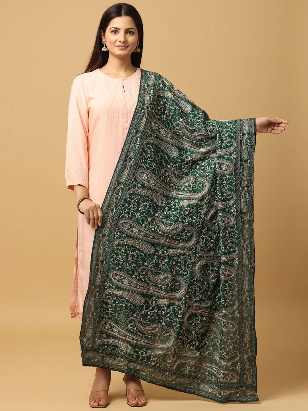 Dark Green Tonal Paisley Pashmina Dupatta