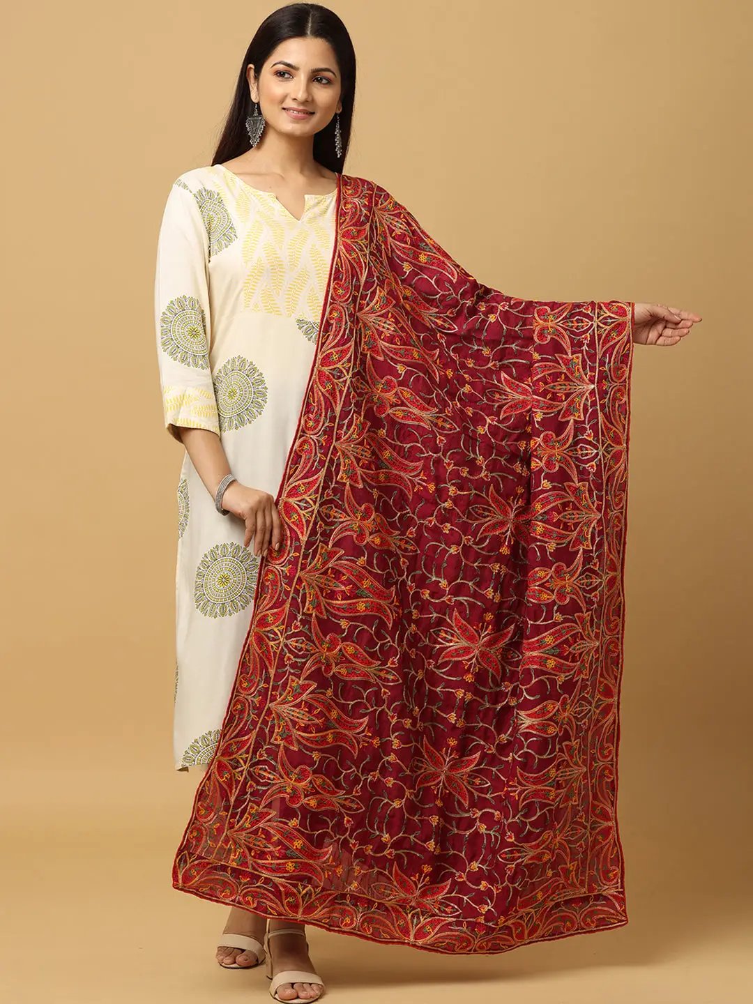 Wine Warm Floral Jaal Pashmina Dupatta