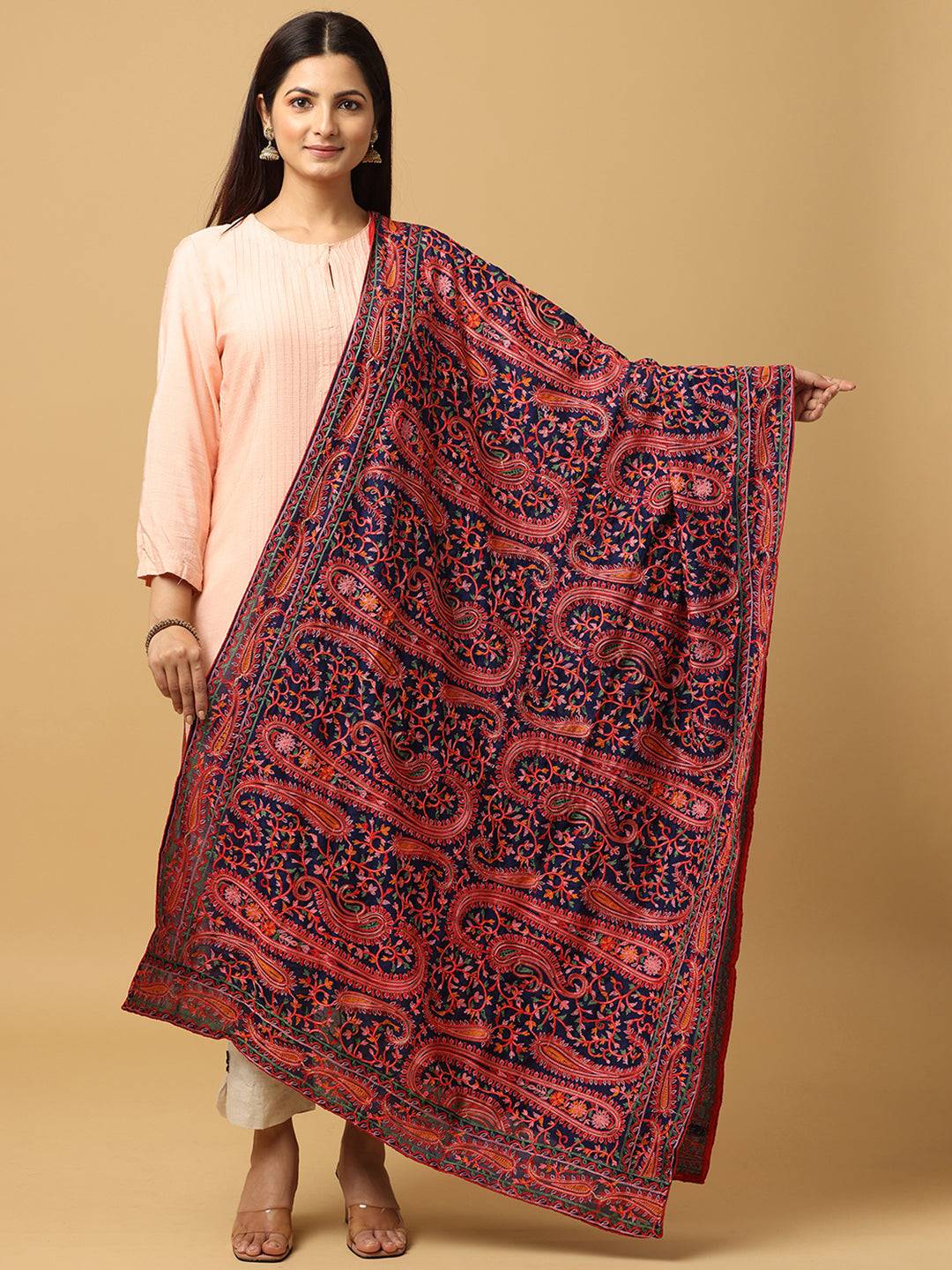 Navy Red Paisley Medallion Pashmina Dupatta