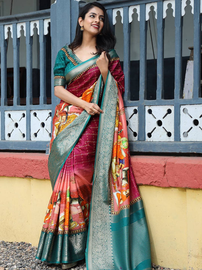 Rani Pure Viscose Dola Silk Saree with Exquisite Bhandhej Print - Luxe