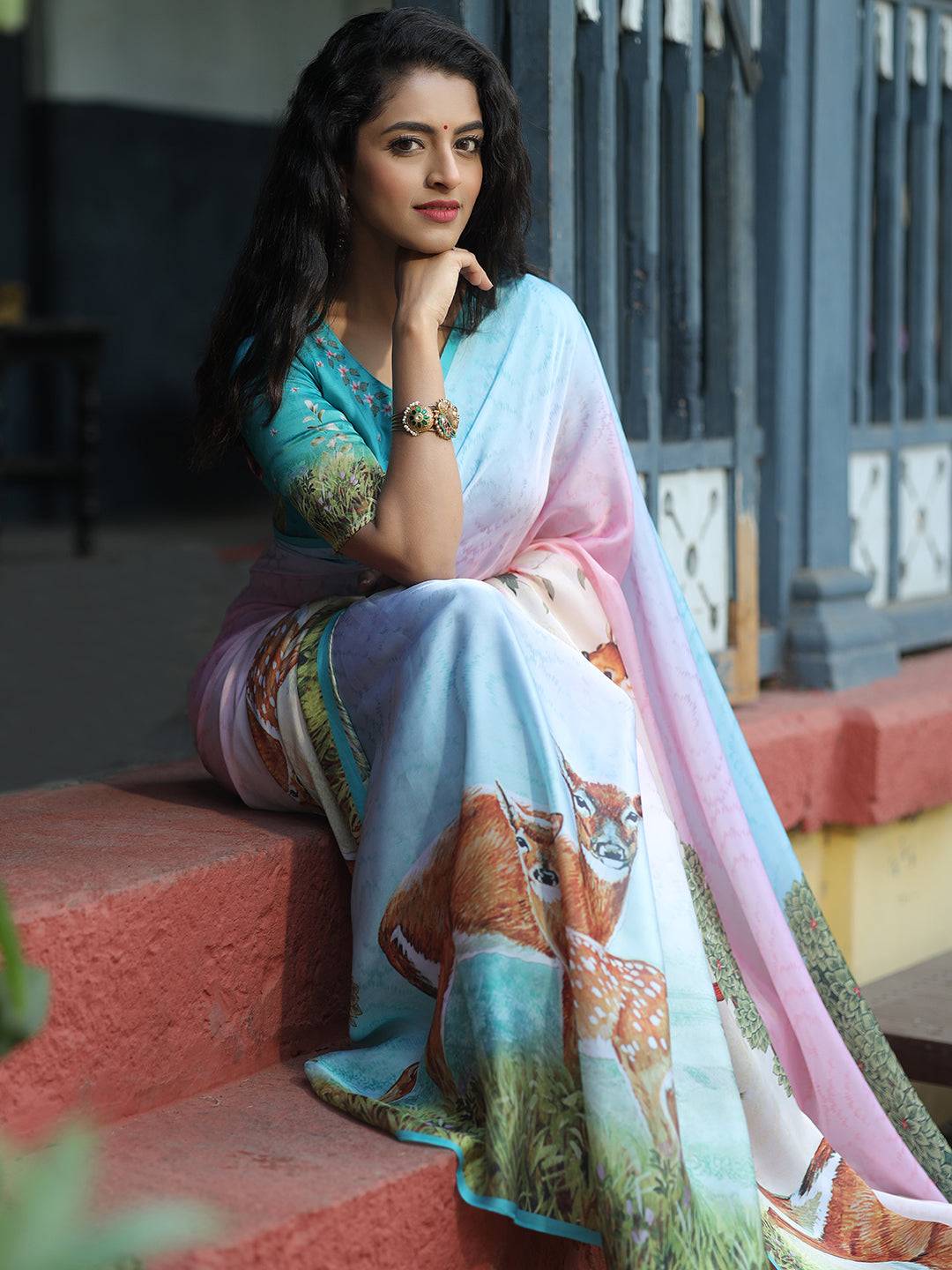 Satin Georgette Multi Colour Hand Print Saree - Luxe